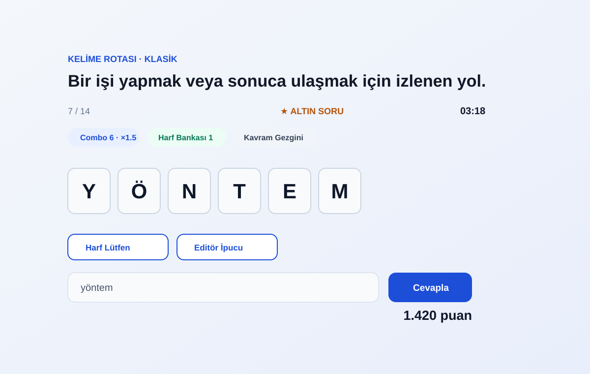 Kelime Rotası tek kişilik oyun ekranı